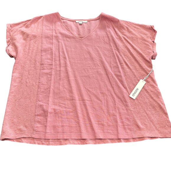 Chico's Shirt Size 3 XL NWT Pink V Neck Linen Knit Woven Seamed Tee Dusted Mauve - Picture 1 of 11